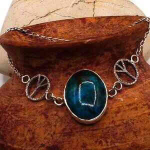 Vintage Large Chrysophrase Gemstone W/ Sterling Silver Peace Signs Bracelet Adj.